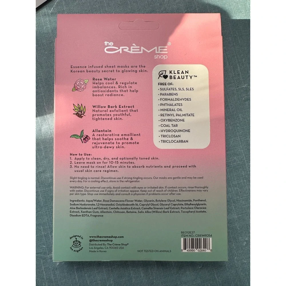 The Creme Shop Rose Water Klean Beauty Essence Sheet Mask Bulgarian Rose 5 Pack
